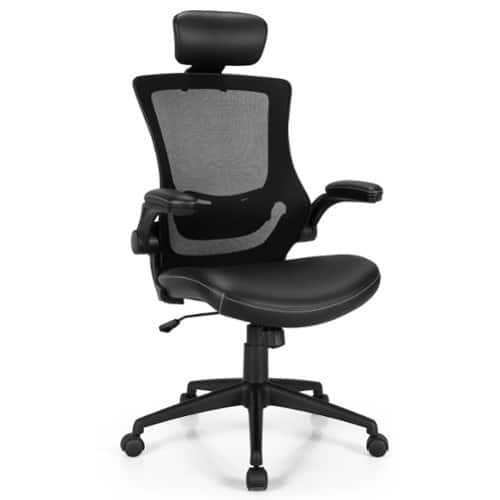 Rent to own Costway Mesh Back Adjustable Swivel Office Chair w/ Flip up Arms Leather Seat - Black