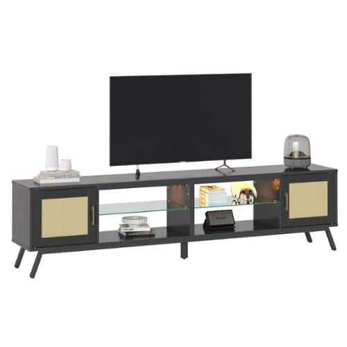 Rent to own Bestier 80 Inch Black Rattan Mid Century TV Stand with Storage - Black