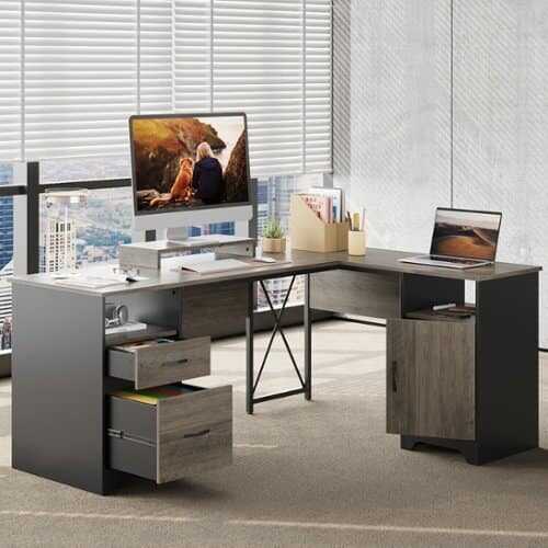 Rent to own Bestier L Shaped Desk with File Drawers, 63" x 47" Office Computer Desk with Storage Cabinet for Home Office - Gray