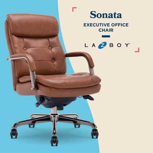 Rent to own La-Z-Boy - Sonata Executive Mid-Back Bonded Leather Office Chair - Cognac and Graphite