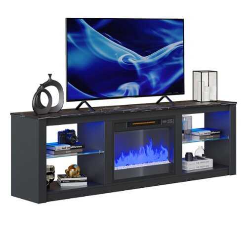 Rent to own Bestier 70-Inch LED TV Stand with Tempered Glass Shelves and Open Cabinet - Black Marble