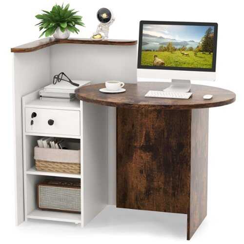 Rent to own Costway Front Reception Counter Desk Checkout Office Desk with Open Shelf & Lockable Drawer - Rustic Brown & White