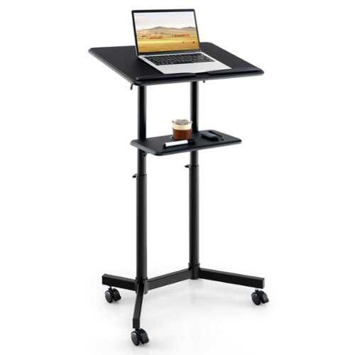 Rent to own Costway 1 PCS Mobile Lectern Podium with Tilting Top Storage Tray Lockable Casters - Black