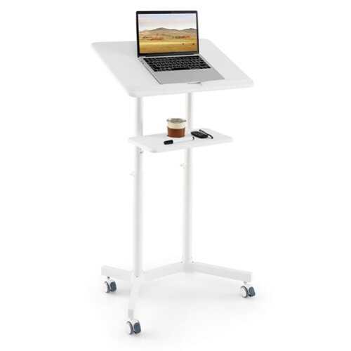 Rent to own Costway 1 PCS Mobile Lectern Podium with Tilting Top Storage Tray Lockable Casters - White