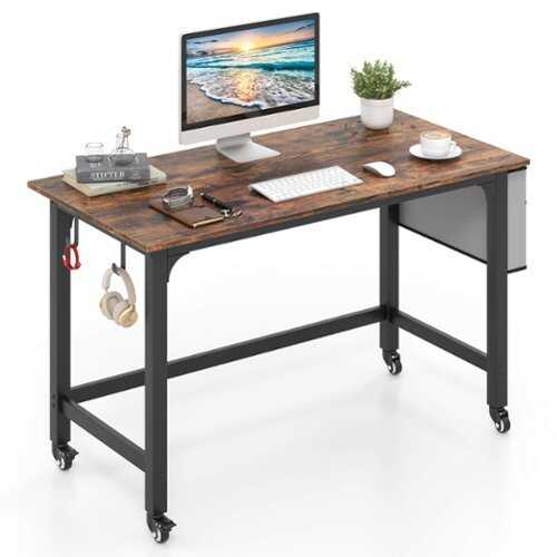 Rent to own Costway 1 PCS Rolling Computer Desk Metal Frame PC Laptop Table Wood Top Study Workstation - Black + Rustic Brown