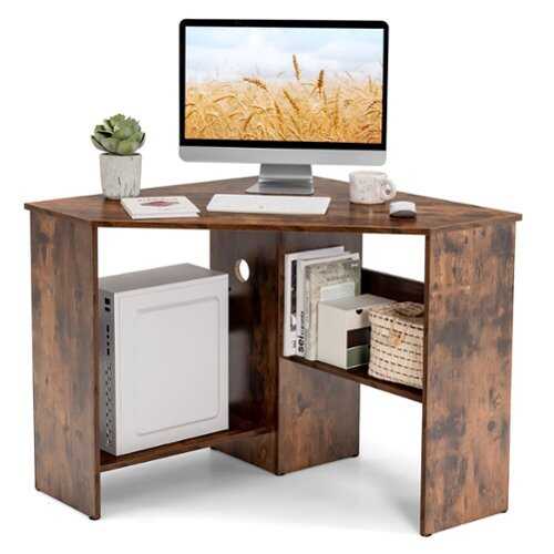 Rent to own Costway Corner Computer Desk Triangle Writing Workstation w/Storage Shelf Rustic - Rustic Brown