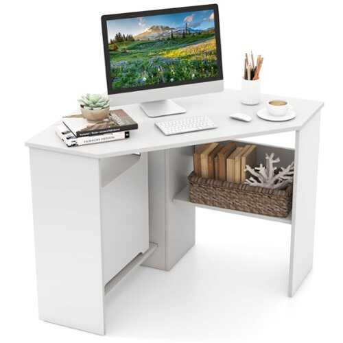 Rent to own Costway Corner Computer Desk Triangle Writing Workstation w/ Storage Shelf - White