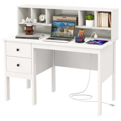 Rent to own Costway Computer Desk 48" Writing Table w/ Power Outlets 5-Cubby Hutch 2 Storage Drawers - White