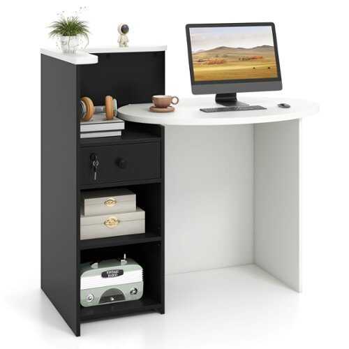 Rent to own Costway Front Reception Counter Desk Checkout Office Desk w/Open Shelf & Lockable Drawer - Black + White