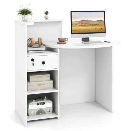 Rent to own Costway Front Reception Counter Desk Checkout Office Desk w/Open Shelf & Lockable Drawer - White