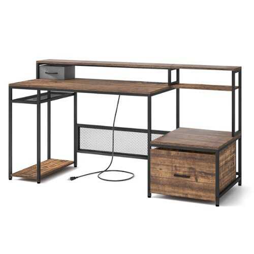 Rent to own Costway 67" Computer Desk with Monitor Stand & File Drawer Power Outlets & USB Ports - Rustic Brown + Black