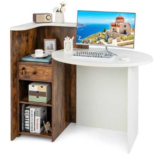 Rent to own Costway Front Reception Counter Desk Checkout Office Desk w/ Open Shelf & Lockable Drawer - Rustic Brown + White