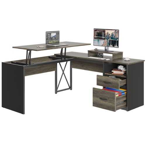 Rent to own Bestier - L-Shaped Computer Desk with Drawers and Monitor Stand - Dark Gray