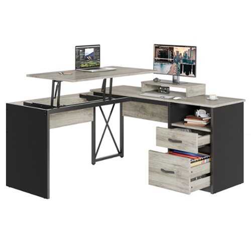Rent to own Bestier - L-Shaped Computer Desk with Drawers and Monitor Stand - Light Gray