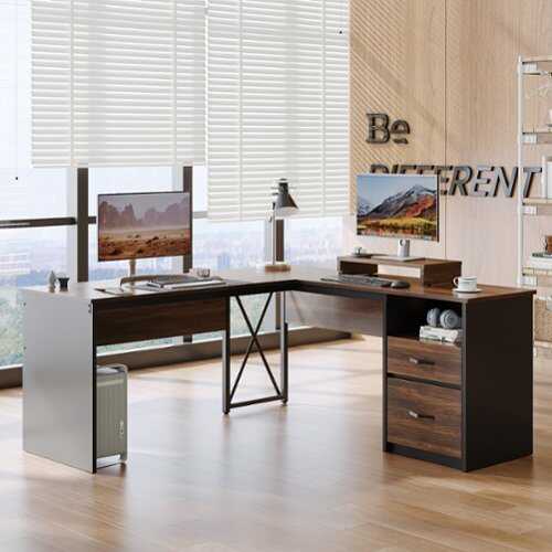 Rent to own Bestier - L-Shaped Computer Desk with Monitor Stand - Brown