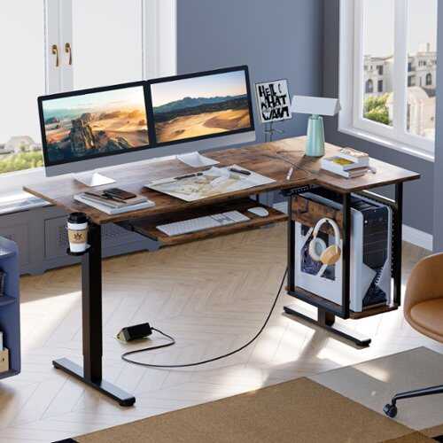 Rent to own Bestier  L-Shaped Gaming Adjustable Standing Desk with Keyboard Tray and Host Shelf - 57" wide - Brown