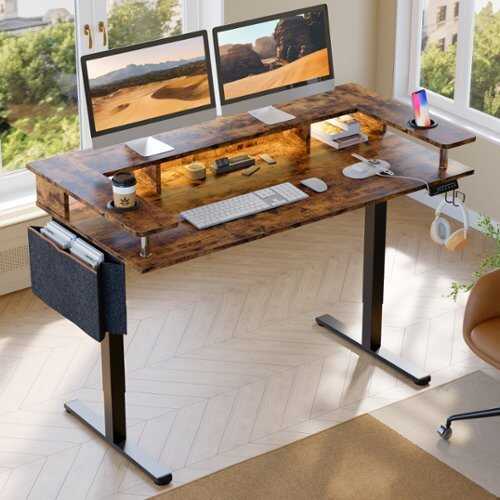 Rent to own Bestier - 58" wide Electric Standing Desk Adjustable with LED Light Storage and Monitor Stand - Brown