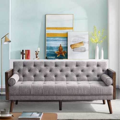 Rent to own Bestier Twin 70" Wide Cotton Fabric Cushion Back Upholstered Tuxedo Arm Sofa Bed, 2 in 1 Convertible Loveseat Couch - Gray