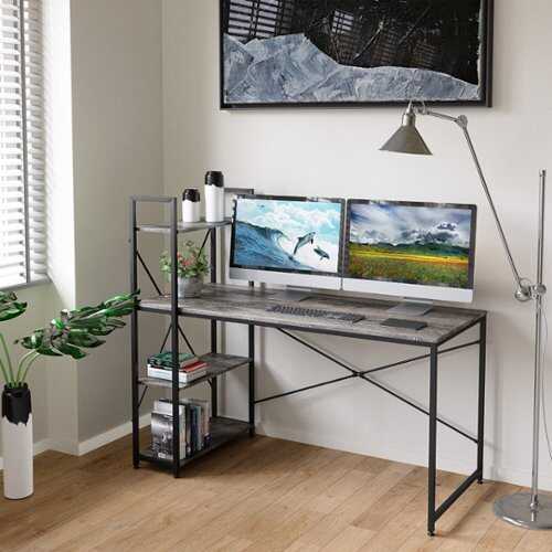 Rent to own Bestier Modern Office Desk with Storage Shelf, Headset Hook, and Reversible Bookshelf - 56" wide - Dark Oak