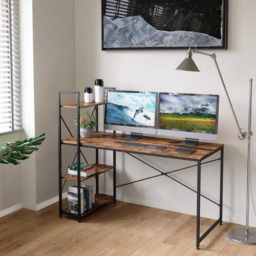 Rent to own Bestier Modern Office Desk with Storage Shelf, Headset Hook, and Reversible Bookshelf - 56" wide - Rustic Brown
