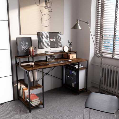 Rent to own Bestier Gaming Monitor Shelf Desk with Storage -55" wide - Rustic Brown