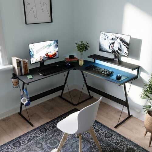 Rent to own Bestier L-Shaped Reversible Gaming Desk with Large Monitor Shelf, Cup Holder, and Headset Hook - 55" wide - Black