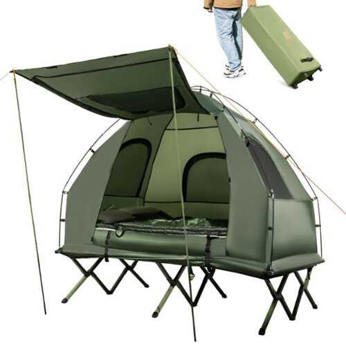 Rent to own Costway 2-Person Compact Portable Pop-Up Tent Camping Cot with Air Mattress & Sleeping Bag - Green & Blue