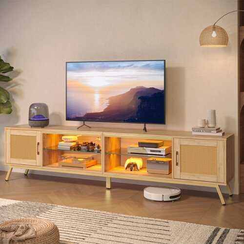 Rent to own Bestier 80'' Rattan TV Stand for TVs up to 85" with Adjustable Shelves and Doors - Wood