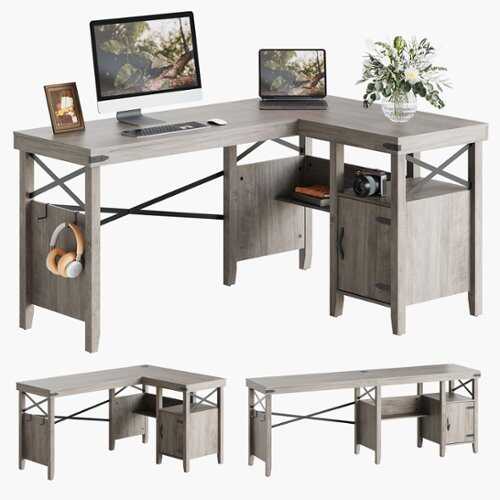 Rent to own Bestier 60inch Gaming L-Shaped Computer Desk with Storage Cabinet & Bookshelf Farmhouse Office Table for Writing Study - Wash Gray