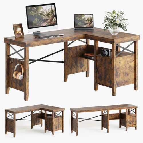 Rent to own Bestier - Farmhouse L-Shaped Computer Desk with Storage Cabinet and Bookshelf - 60" Wide - Brown