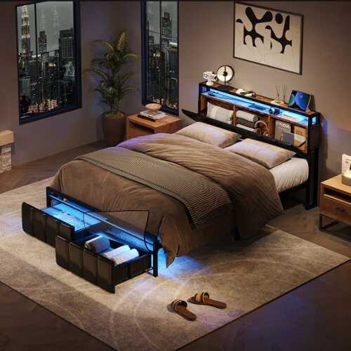 Rent to own Bestier Gaming Bed Frame Storage Platform Bed with Charging Station Headborad and LED Ligths Full - Black