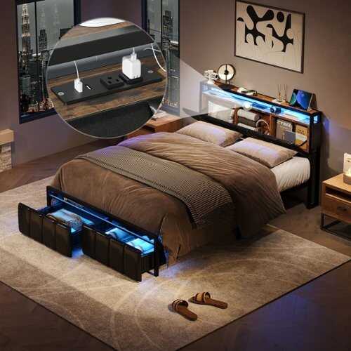 Rent to own Bestier Gaming Bed Frame Storage Platform Bed with Charging Station Headborad and LED Ligths Queen - Black