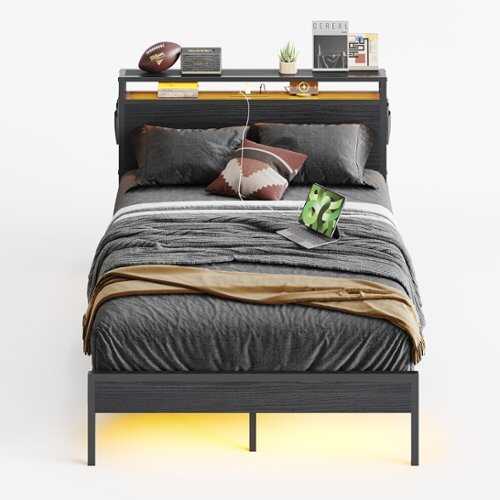 Rent to own Bestier Bed Frame Platform Bed with Storage Headboard LED Lights and Charging Station Full - Black