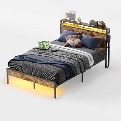 Rent to own Bestier Bed Frame Platform Bed with Storage Headboard LED Lights and Charging Station Full - Brown