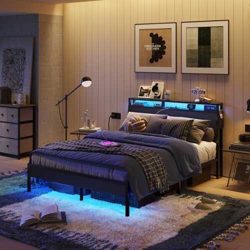 Rent to own Bestier Bed Frame Platform Bed with Storage Headboard LED Lights and Charging Station Queen - Black