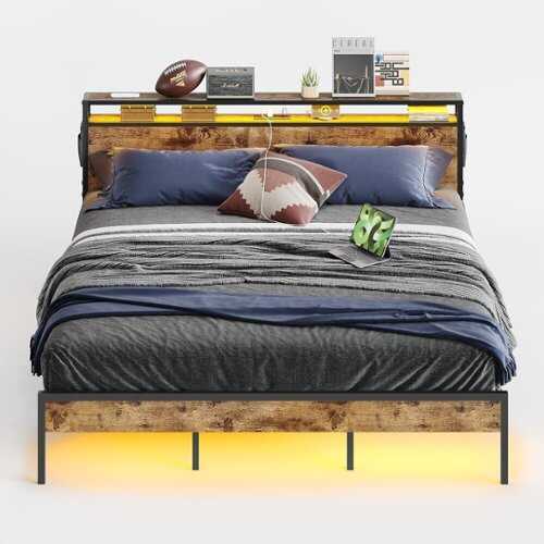 Rent to own Bestier Bed Frame Platform Bed with Storage Headboard LED Lights and Charging Station Queen - Brown