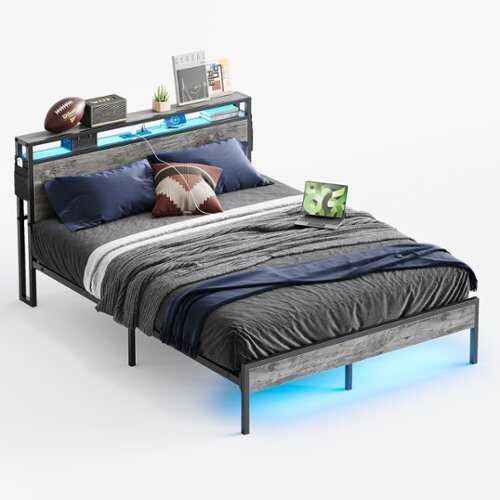 Rent to own Bestier Bed Frame Platform Bed with Storage Headboard LED Lights and Charging Station Queen - Grey