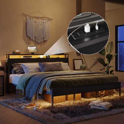 Rent to own Bestier Bed Frame Platform Bed with Storage Headboard LED Lights and Charging Station King - Black