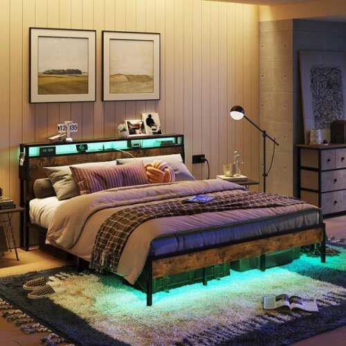 Rent to own Bestier Bed Frame Platform Bed with Storage Headboard LED Lights and Charging Station King - Brown