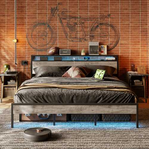 Rent to own Bestier Bed Frame Platform Bed with Storage Headboard LED Lights and Charging Station King - Grey