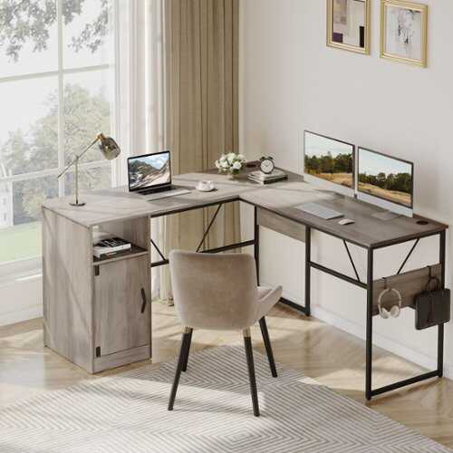 Rent to own Bestier - L-Shaped Computer Desk with Storage Cabinet - 60" Wide - Gray