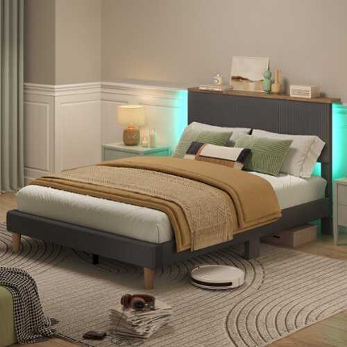 Rent to own Bestier Bed Frame Bed with LED Light & Adjustable Storage Headboard for Bedroom Upholstered Platform -Full Size - Grey