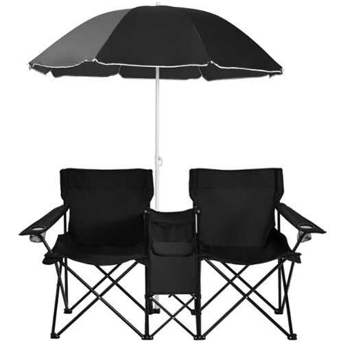 Rent to own Costway Portable Folding Picnic Double Chair W/Umbrella Table Cooler Beach Camping - Black