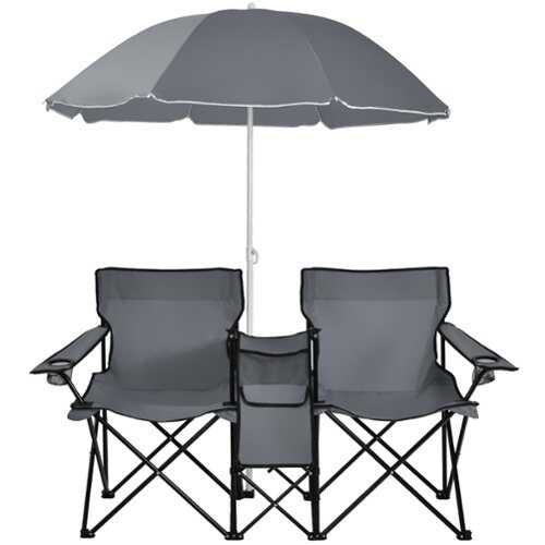 Rent to own Costway Portable Folding Picnic Double Chair W/Umbrella Table Cooler Beach Camping - Gray