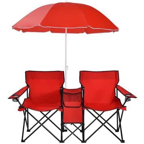 Rent to own Costway Portable Folding Picnic Double Chair W/Umbrella Table Cooler Beach Camping - Red