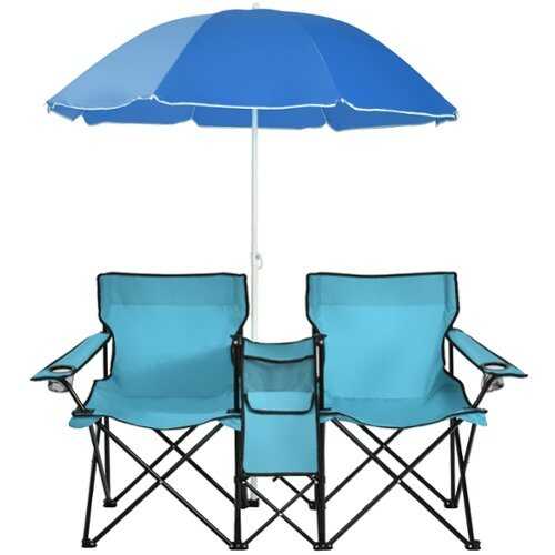 Rent to own Costway Portable Folding Picnic Double Chair W/Umbrella Table Cooler Beach Camping - Turquoise