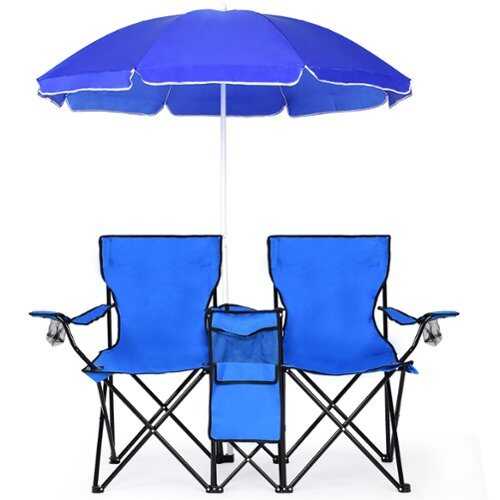 Rent to own Costway Portable Folding Picnic Double Chair W/Umbrella Table Cooler Beach Camping Chair - Blue