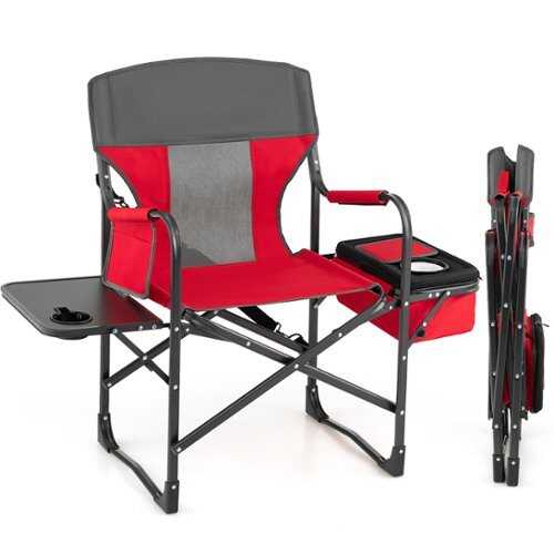 Rent to own Costway Folding Camping Directors Chair Portable with Cooler Bag & Side Table - Red