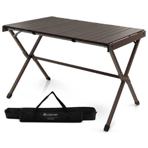 Rent to own Costway 4-6 Person Portable Aluminum Camping Table Lightweight Roll Up Table - Brown