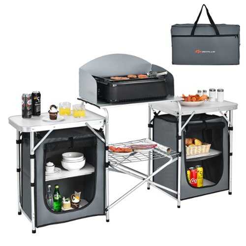 Rent to own Costway Folding Portable Aluminum Camping Grill Table w/ Storage Organizer Windscreen Grey - Gray